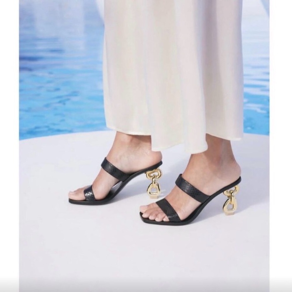 Cult Gaia Vivianne Chain Embossed Leather Heeled Sandals in Black